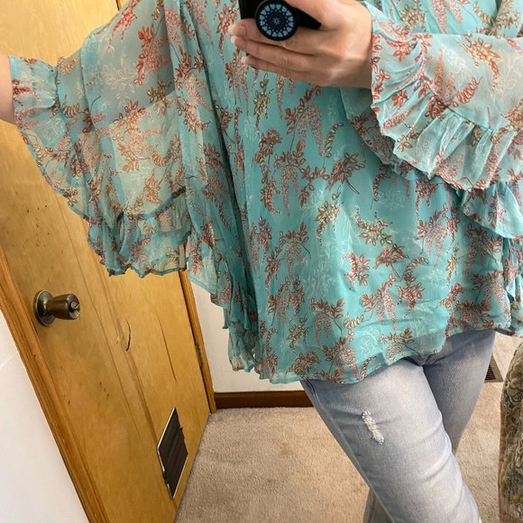 Sundance Wilde Aqua Chiffon Ruffle Loose Fit Boho Top Size Large - Picture 4 of 13